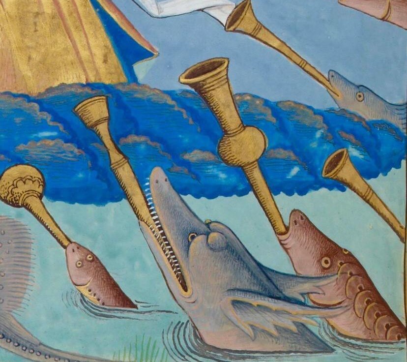 Malerei von Flöte-spielenden Fischen.