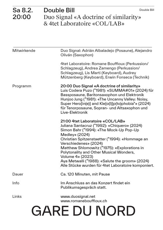 Abendprogramm des Konzerts Double Bill – Duo Signal «A doctrine of similarity» & 4tet Laboratoire «COL/LAB» zum Download